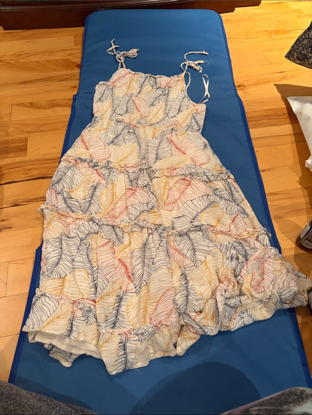Women's Tiered Midi Sundress - White with Blue, Yellow & Pink Leaf Print